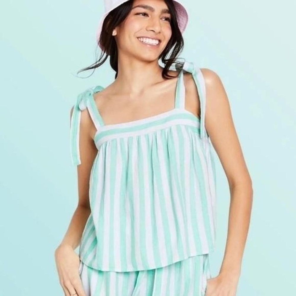 STONY CLOVER X TARGET Blue Striped Shoulder Tie Cropped Linen Tank Women’s Sz S